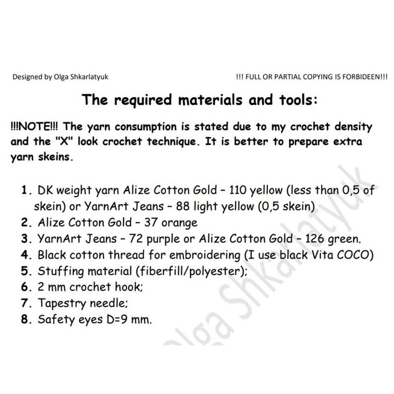 May include: A list of materials and tools needed for a crochet project. The list includes yarn in various colors, stuffing material, a crochet hook, a tapestry needle, and safety eyes.