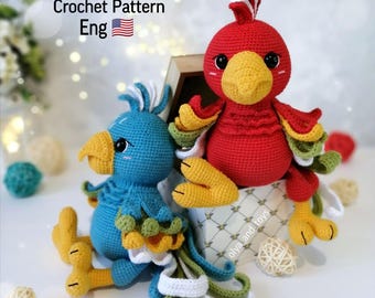 Crochet Pattern cute parrot PDF in Eng, amigurumi parrot tutorial, crochet bird pattern, crochet plush parrots toys, crochet animal toy