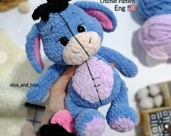 Crochet pattern donkey PDF in English, amigurumi plush donkey pattern, Crochet toy animals, cute donkey doll, blue donkey, teddy donkey