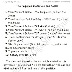 May include: A list of materials and tools for a crochet project. Includes YarnArt Dolce and Himalaya Dolphin Baby yarns in various colours, stuffing material, a 3.5 mm crochet hook, tapestry needle, and safety eyes. The finished toy is approximately 34 cm tall.