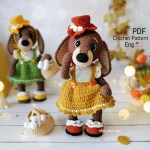 Crochet pattern cute Dachshund, amigurumi dog pdf in eng tutorial, amigurumi toy with clothes, beautiful crochet dog doll, crochet animals