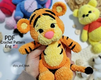 Crochet pattern tiger PDF in English, amigurumi plush tigger pattern, crochet jumping tigger, safari toys, unbouncing tigger, teddy tiger