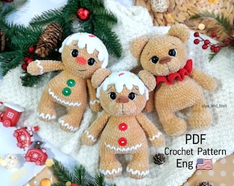 Patrón de crochet navideño de pan de jengibre y osito de peluche (pdf en inglés), juguetes amigurumi de Año Nuevo
