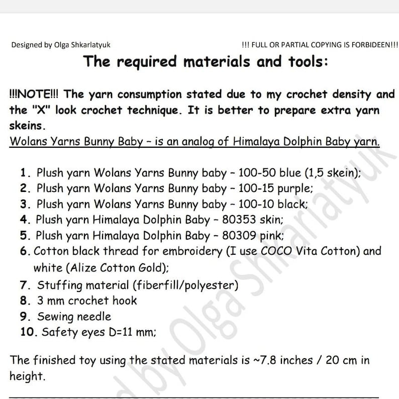 May include: A list of materials and tools needed to crochet a bunny plushie. The list includes yarn in various colors, stuffing, a crochet hook, sewing needle, and safety eyes. The finished toy will be approximately 7.8 inches tall.