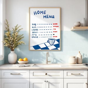 Arte de parede para impressão com cardápio aconchegante | Decoração de cozinha fofa em azul e vermelho | Pôster minimalista divertido para quem ama café | Download digital