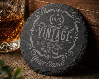 Personalised 50th Birthday Natural Slate Coaster - Vintage 1976 Custom Your Name Gift