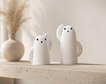 Ghost Tea Light Holder Pair, Neutral Halloween Decor, Minimalist Japandi Figurine with LED Tealight