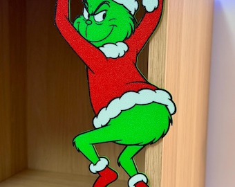 Grinch Shelf Climber Christmas Decoration – Hanging Shelf or Bookcase Ornament, Festive Home Décor
