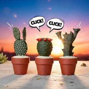 May include: Three potted cacti with the text "CLICK!" in speech bubbles. The cacti are in terracotta pots, with one resembling bunny ears. The background features a sunset.