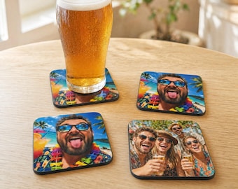 Personalised Photo Beer Mats, Custom Face Drinks Mat Set, Birthday or Home Bar Gift