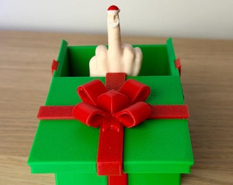 Gift Box with Pop-Up Middle Finger and Santa Hat, Sliding Lid, Secret Santa Cheeky Gift, Funny Christmas Novelty