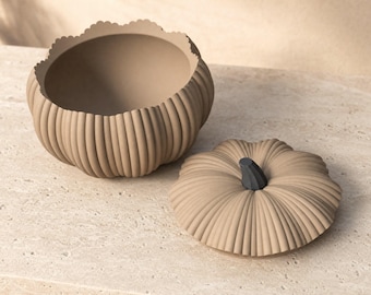 Pumpkin Bowl with Lid, Ribbed Neutral Autumn Decor, Halloween Sweet Bowl Centrepiece 17cm
