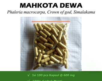 Könnte beinhalten: Ein durchsichtiger, wiederverschließbarer Plastikbeutel gefüllt mit beigen Kräuterkapseln. Der Text lautet: Herbal Kapsul Curah, MAHKOTA DEWA, Phaleria macrocarpa, Crown of god, Simalakama, Isi 100 pcs Kapsul @ 600 mg, 100% Serbuk Murni, Cangkang Kapsul HALAL.