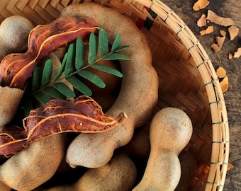 May include: A close-up of a woven basket filled with brown tamarind pods. The pods are arranged in a pile, with some of the pods split open to reveal the sticky, sweet pulp inside. A few green leaves are scattered among the pods.