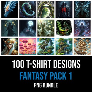 Fantasie PNG Bündel | Magische Geschöpfe, Drachen & Verzauberte Landschaften Clipart | 300 DPI hochauflösende digitale Grafiken für Crafts Bekleidung