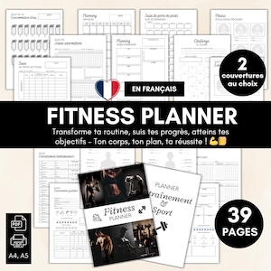 Puede incluir: Un planificador de fitness en blanco y negro con el texto "Fitness Planner" en letras grandes y en negrita. El planificador incluye páginas para hacer un seguimiento de los entrenamientos, la planificación de las comidas y el progreso. La portada presenta un collage de imágenes de personas haciendo ejercicio. El texto "Transforma tu rutina, haz un seguimiento de tu progreso, alcanza tus objetivos - Tu cuerpo, tu plan, tu éxito!" también está incluido.