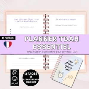 Peut inclure: Un planificateur à spirales rose avec le texte "PLANNER TDAH ESSENTIEL". Le planificateur comprend des sections pour les routines quotidiennes, les priorités et les notes. L'image montre également un petit planificateur avec le texte "Mon planner spécial TDAH".