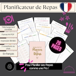 Può includere: Un planner di pasti stampabile in francese con 26 pagine, con una copertina rosa e bianca con il testo "Mon Petit Planner de Repas" e una croce rosa. Il planner include pagine di ricette e liste della spesa. Il testo "Pour Planifier ses Repas comme une Pro!" è in fondo alla copertina.