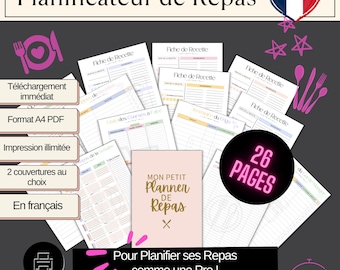 Planner de repas en français, planificateur repas, planning repas semaine et mois, fiches recettes, liste de courses, fiches inventaire