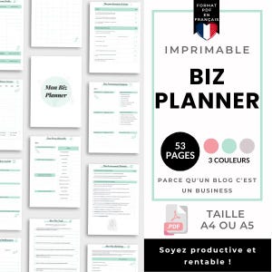 Peut inclure: Un ensemble de pages de planificateur d'entreprise imprimables au format PDF. Les pages sont blanches avec des accents vert clair et comprennent des sections pour la planification et l'organisation. Le texte "BIZ PLANNER" et "53 PAGES" est également présent.