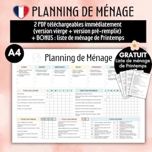 Peut inclure: Un planning de ménage imprimable en français, avec un fond bleu clair et du texte blanc. Le planning est divisé en tâches quotidiennes, hebdomadaires, mensuelles et annuelles. Le titre est "Planning de Menage" et il y a une liste de contrôle gratuite pour le nettoyage de printemps.