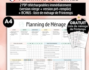 Planning de ménage français, Planificateur, liste de tâches ménagères, Check list de nettoyage de Printemps, Entretien organisation maison