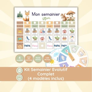 Op de afbeelding: Een wekelijkse planner voor kinderen met een illustratie van een vos en een eekhoorn. De planner bevat secties voor elke dag van de week, met ruimtes voor activiteiten en een emotiewiel. De tekst luidt "Kit Semainier Evolutif Complet (4 modèles inclus)".