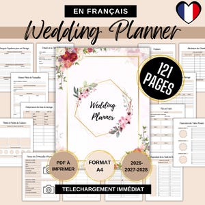 Peut inclure: Un planificateur de mariage numérique au format A4 de 121 pages, orné d'illustrations florales, de cadres géométriques dorés et de texte en français. Il contient divers modèles pour organiser les détails, les plans de table et les plannings 2026-2028.