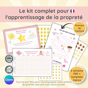 Peut inclure: Un kit d'apprentissage de la propreté comprenant un certificat Bravo Léa, un tableau de suivi hebdomadaire Léa fait ses nuits sans couche, une feuille Léa devient propre avec des cercles et plusieurs planches d'autocollants gouttes et crottes.