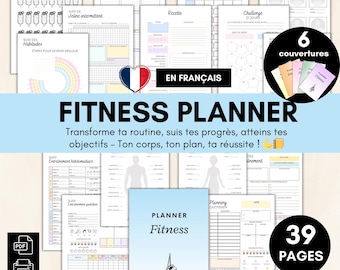 Może przedstawiać: Planer fitness w języku francuskim w kolorystyce niebiesko-różowo-żółtej. Planer zawiera 39 stron i sekcje do śledzenia spożycia wody, posiłków, treningów i postępów. Okładka przedstawia parę butów sportowych i tekst "Planner Fitness".