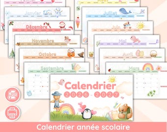 Calendrier scolaire 2026 2027 à imprimer, planning mensuel enfant vacances scolaires, calendrier famille animaux PDF