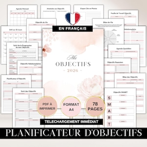 Planificateur d'objectifs 2026 en français, suivi d'objectifs, planner objectifs, organisation objectif, outil de productivité planification