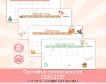 Calendrier scolaire 2026 2027 à imprimer, planning mensuel enfant vacances scolaires, calendrier famille animaux PDF