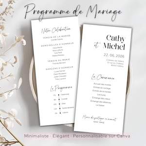 May include: Two minimalist wedding program cards with black text on a white background. The cards list the wedding party, ceremony details, and schedule. The text "Programme de Mariage" is at the top.