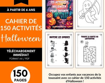Puede incluir: Una descarga digital de un libro de actividades de Halloween con 150 páginas. La portada presenta calabazas y el texto "150 Actividades Halloween para niños". Incluye actividades de unir puntos, emparejar sombras y laberintos. Formato A4/PDF.