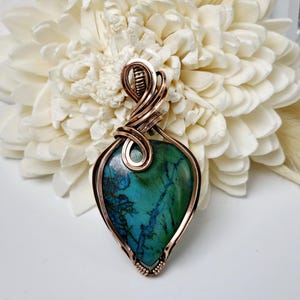 Chrysocolla Wire Wrapped Copper Pendant, Hand Wire Wrapped Gemstone Necklace, Artisan Crafted Jewelry, Boho Chrysocolla Pendant Necklace