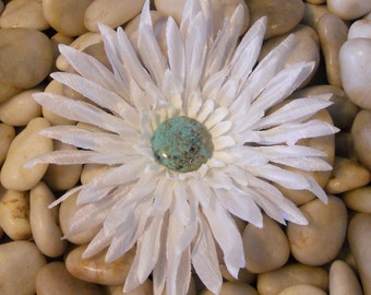 White Gerber Daisy with Turquoise Stone Center