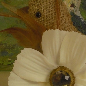 White Flower with a Large Rhinestone and Brown Feather image 4