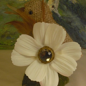 White Flower with a Large Rhinestone and Brown Feather image 3