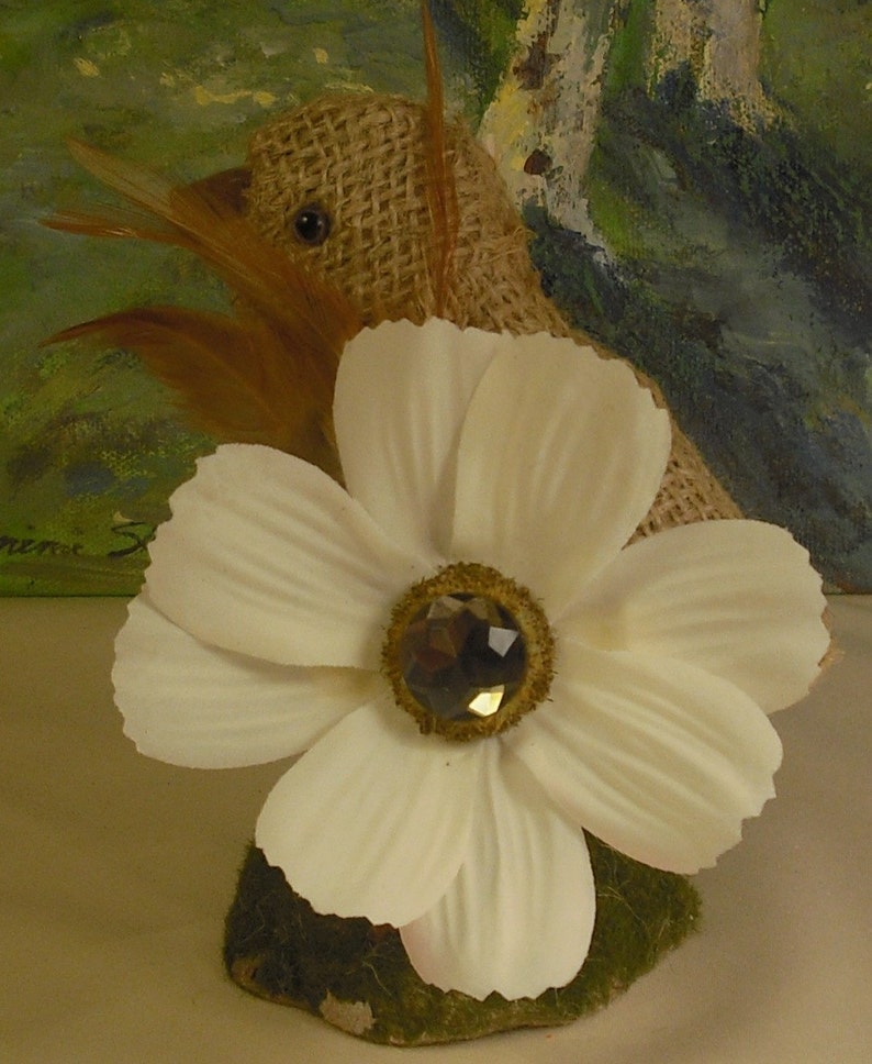 White Flower with a Large Rhinestone and Brown Feather image 3