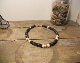 Natural Wood and Bone necklace with pewter ball accents