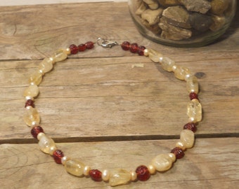 Sunfire - Freshwater pearl, natural stone, and glass bead necklace