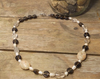 Pearls in night - Freshwater pearl, moonstone, and glass bead necklace