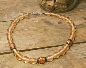 Pink Glass Bead Necklace with Wood accent