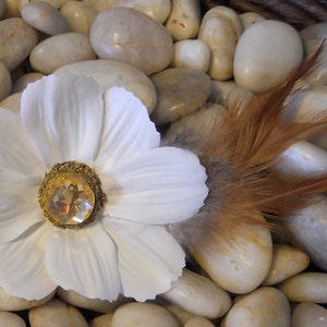 White Flower with a Large Rhinestone and Brown Feather image 1