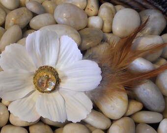 White Flower with a Large Rhinestone and Brown Feather