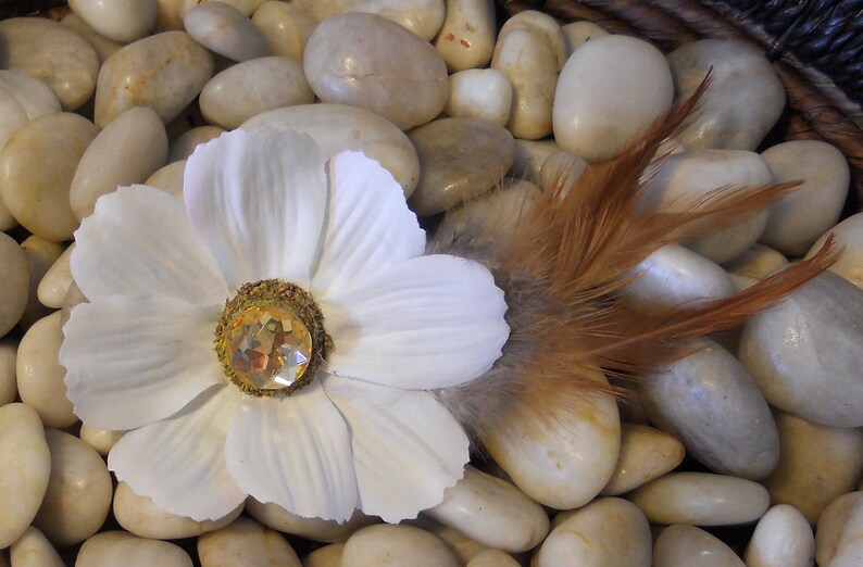 White Flower with a Large Rhinestone and Brown Feather image 1
