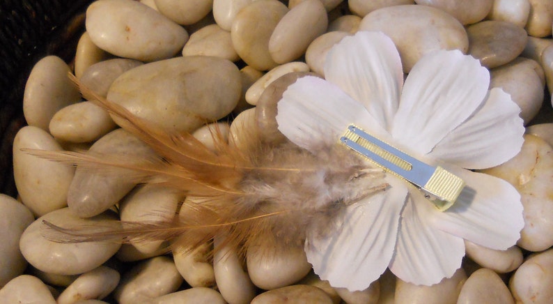 White Flower with a Large Rhinestone and Brown Feather image 2