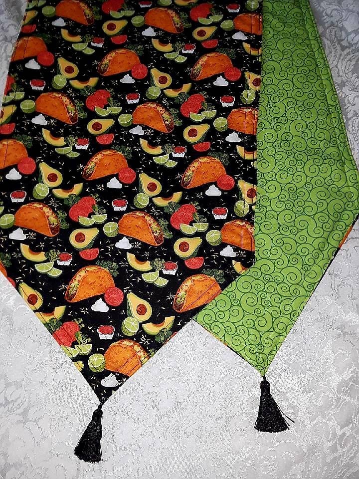 Taco Themed Table Runner 72x14 Reversible and Padded