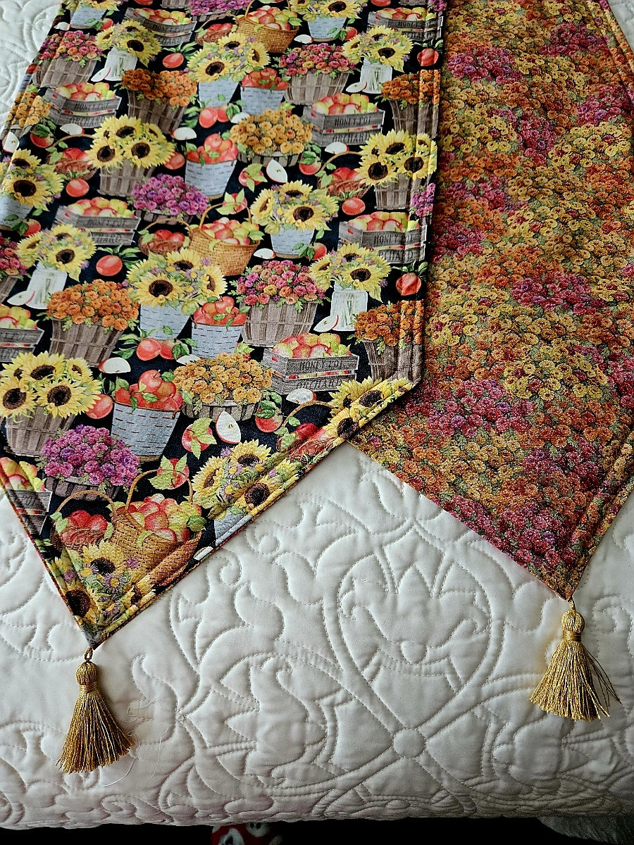 SunflowerFall Themed Reversible Table Runner 72x14 Handmade and Padded
